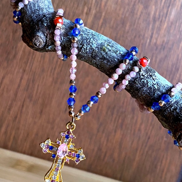 Rhodochrosite with Austrian Crystals Christian Cross Necklace - Picture 10 of 11